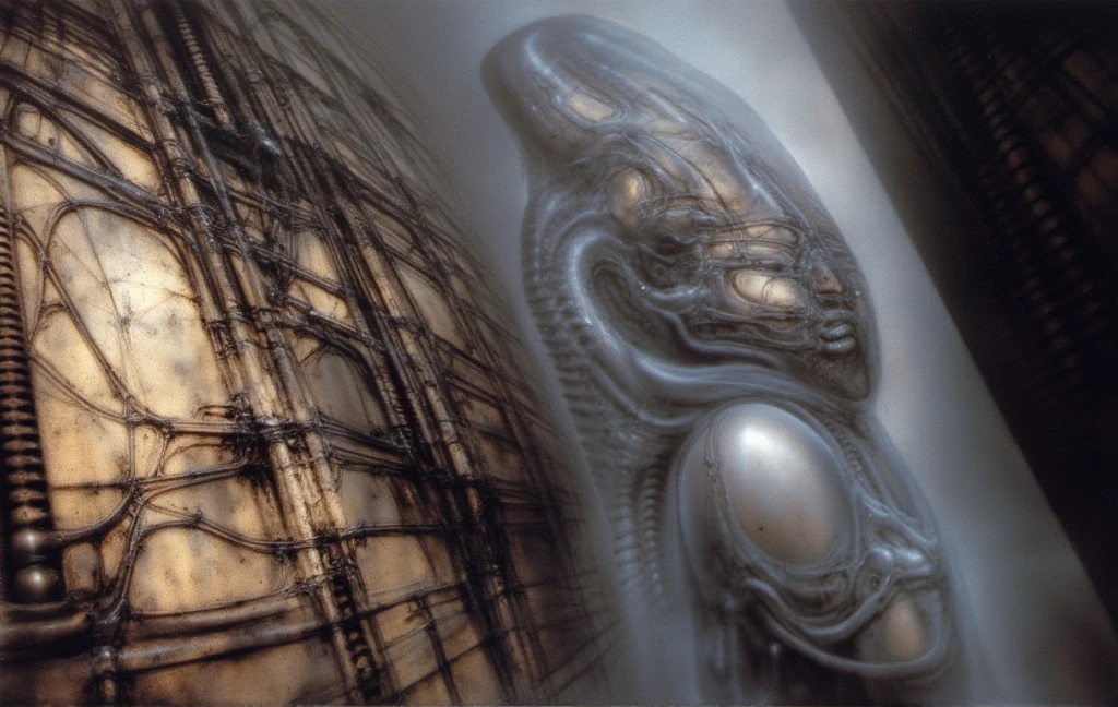 H. R. Giger's g1g3r, , Giger_style, The image is a detailed view of H.R. Giger's \" NY City  \" plate, featuring H R GIGER's biomechanical is a digital artwork featuring  vertical city set against a backdrop of intricate mechanical pipes and wires.. with a glowing light source, dence cloudy mist, strokes of steam. (A haunting and surreal image inspired by the work of H.R. Giger. The artwork depicts a biomechanical , with intricate tubes and pipes snaking along the walls.  The image features a close-up of a mechanical object with a complex, intricate design, resembling a futuristic machine or robot, made of  burned bone and ivory, fossils,set against a blurred background, adding to the sense of unease and mystery. The overall atmosphere is one of darkness, decay, and the unsettling nature of the unknown, best quality:1.4) The artistic manner would be unmistakably Gigeresque. A dark and unsettling beauty would permeate the piece, blurring the lines between fascination and repulsion , forever haunted by the grotesque allure. Giger's signature artistic manner would be evident in every stroke. The artist has used careful linework to depict the contours and textures in the piece, (Triadic:1.1), (Proportion:1.1),  , (Reflected light:1.2), Parchment, ultra detailed, intricate,, dry b (best quality:1.4), H.R. GIGER,  BY GIGER