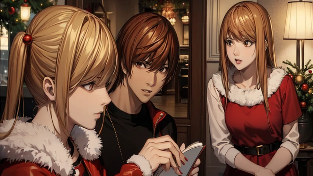 1 man; 1 woman; 2 people; 2 characters; 2 anime characters; a couple; a couple of anime characters; male character; male anime character; female character; female anime character; anime art style; Death Note anime art style; Light Yagami; character Light Yagami; male character Light Yagami; male character Light Yagami from Death Note; male character with brown eyes; character Light Yagami with brown eyes; brown-haired male character; character Light Yagami with brown hair; Misa Amane; character Misa Amane; female character Misa Amane; female character Misa Amane from Death Note; female character with light blue eyes; character Misa Amane with light blue eyes; female character with blonde hair; character Misa Amane with blonde hair; female character in pigtails; character Misa Amane with pigtails; male character dressed up for Christmas; character Light Yagami dressed up for Christmas; male character dressed as Santa Claus; character Light Yagami dressed as Santa Claus; male character dressed as Santa Claus for Christmas; character Light Yagami dressed as Santa Claus for Christmas; male character dressed in red Christmas clothes; character Light Yagami dressed in red Christmas clothes; male character wearing a red cap on his head; character Light Yagami wearing a red cap on his head; female character dressed up for Christmas; character Misa Amane dressed up for Christmas; female character dressed as Mrs. Claus; character Misa Amane dressed as Mrs. Claus; female character dressed as Mrs. Claus for Christmas; character Misa Amane dressed up as Mrs. Claus for Christmas; female character dressed in red Christmas clothes; character Misa Amane dressed in red Christmas clothes; female character wearing a green Christmas barrette on her head; character Misa Amane wearing a green Christmas barrette on her head; cozy fireplace as a background; interior of a Christmas themed house as background; fireplace illuminating the house; cozy moody lighting; Christmas background;