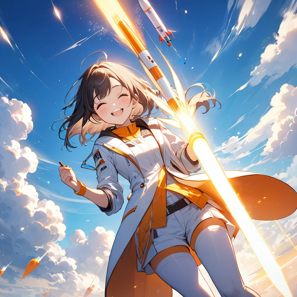 (masterpiece:1.1, Best Quality:1.2),  1 girl, Alone, \  Characters " atlus"\A sparkling smile, A radiant smile,   carry a rocket , injection, Fly freely , blue sky,  beautiful effects, The best light expression :1.2