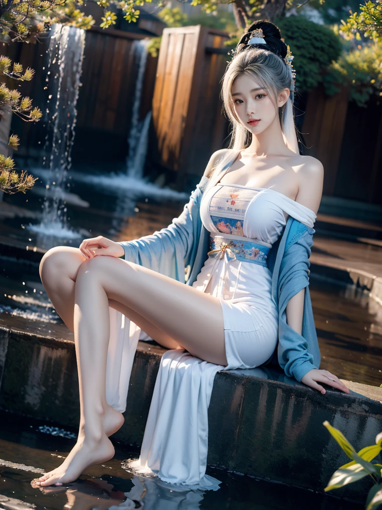 Two-dimensional, ancient style, spring garden, outdoor, white hair, Hanfu, nature, there is a pond in the middle of the courtyard, begonia floating on the pond, girl sitting on a bench in the corridor, wearing a transparent feather robe, holding a bamboo flute, random body posture, intricate details, best quality, ray tracing, rendering, 8K, masterpiece