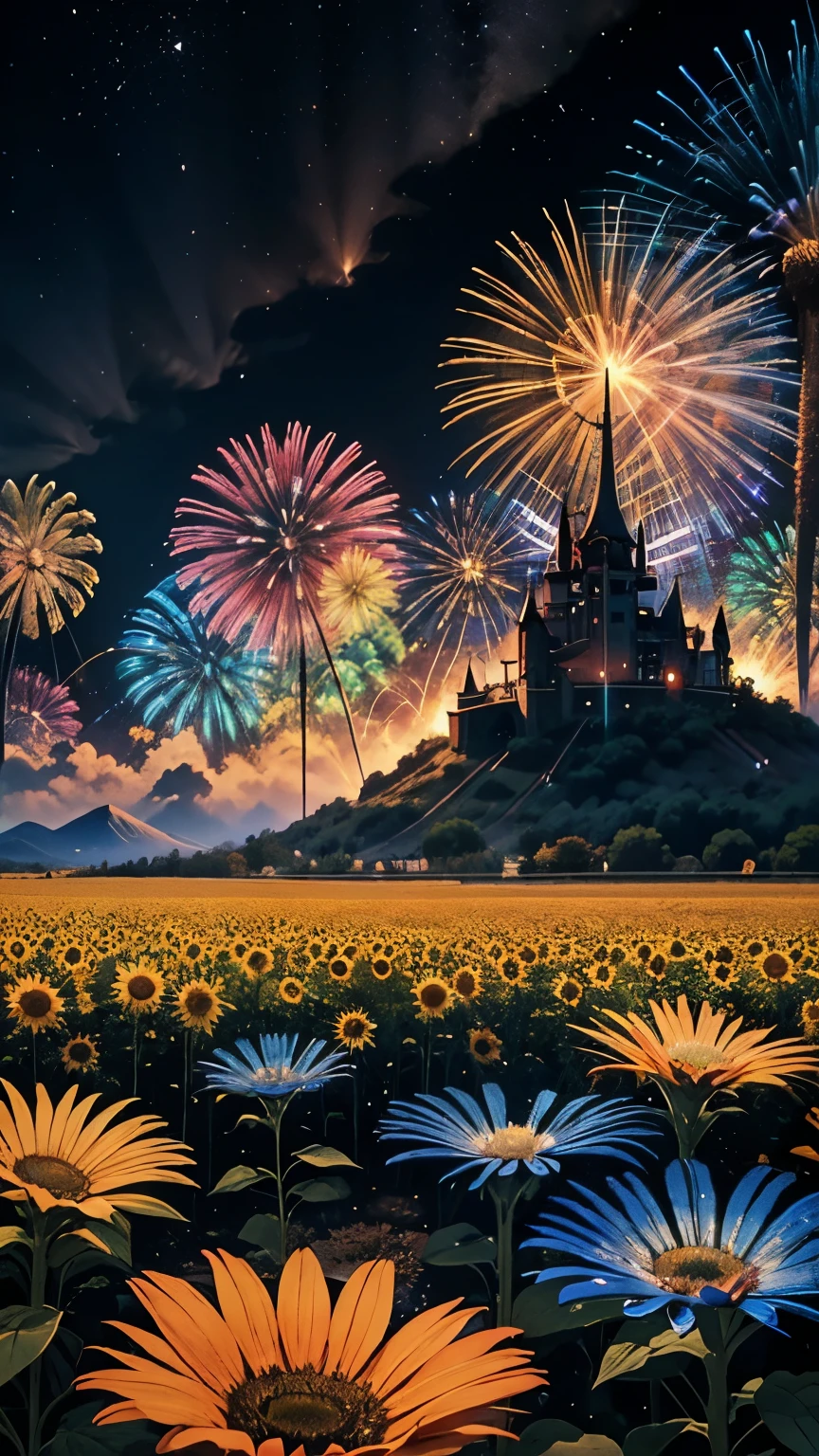 Sunflower field landscape、firework、firework大会、 rainbow colors のfireworkが打ちあがっている瞬間、夜nullとともに、Cyberpunk Mountain、サイバーパンクなひまわり景色で壮大なfirework、future都市、Best Quality、masterpiece, (Diffuse reflection of light:1.2), When the fantastic rainbow turns into shadow , Surrounded by a mysterious atmosphere.The animals are watching too、 dance, Cast a magic spell. soft and gentle color palette . A fusion of natural grandeur and magic, Weaving dreams into reality. Behold, null, and、Unknown, Fleeting、and永遠の瞬間, 16k, super high definition.Realistic, super high definition, Born,future、 The moment the rainbow colors shine brightly 、 rainbow colors 、 The World After 30 Years 。