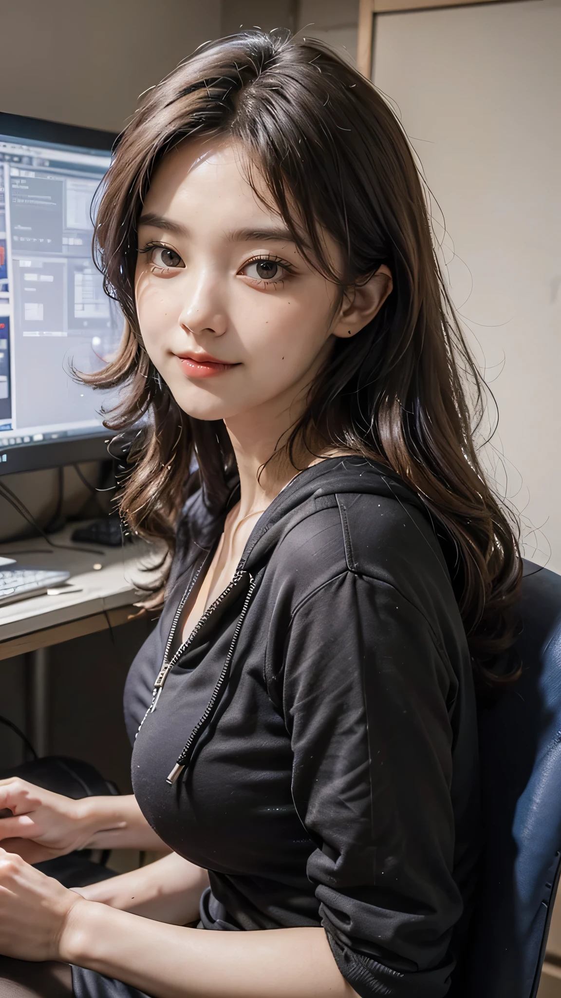 highest quality, detailed, beautiful, insanely detailed, Absurd,Perfect Anatomy,
Japanese women,Black Hair,27 years old,
(thin),
(Small breasts),
thought, Serious expression, (put it on your chin), Long Hair, office lady,(Cream skirt, Long sleeve, Cream jacket:1.1), Light Blue Blouse,(Cleavage:1.3),Earrings, At work, Wide Shot, From above
