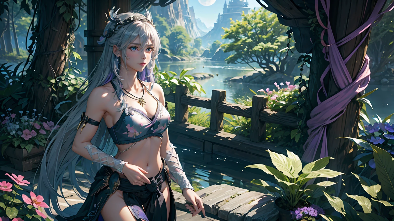 Enchanting 8K Fantasy Scene: A breathtaking female barbarian, 1girl, solo, she is walking in paradisiacal landscape. Facing the viewer in an ultra-detailed, photorealistic 8K portrait, she exudes elegance and allure, with porcelain-smooth. Her long silver hair cascades around her face, drawing attention to her captivating golden eyes and an enchanting, gentle smile. Dynamic camera, long torso. Dressed in delicate white lace with a necklace of small black flowers, she embodies both strength and beauty. She holds an ornate tribal staff adorned with feathers and intricate carvings, symbolizing her harmony with nature. Moon in the sky. Behind her stretches a paradise-like grove, rich with towering trees, vibrant flowers, and sparkling streams under a dramatic sky painted in hues of purple, blue, and pink, evoking a surreal, magical atmosphere. The scene blends dark fantasy with an ethereal, Genshin Impact-inspired style, rendered in ultra-high 4K and 8K resolution with extreme detail and fine art quality. This captivating environment celebrates the beauty of nature as a vivid paradise, contrasting with the warrior’s strong yet graceful presence, inviting viewers into an enchanting and otherworldly realm.