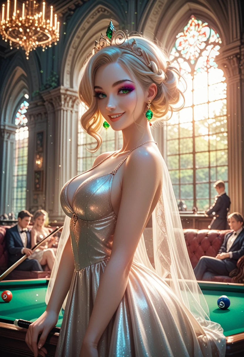 a medium full shot of the stunning NoraHepsie supermodel wearing an green iridescent slit gown (corset style:0.5) at a date in a restaurant while seating at a table, before eating, holding a champagne flute, marriage hair style, earrings, necklace, bracelet, realistic, photography, 8k, 4K, UHD, HDR, "(pink glossy lipstick:0.7)", light makeup, freckles, soooo cute, classy, charming, attractive, entertained, (amused:1.2), (tease:0.7), playful, relaxed