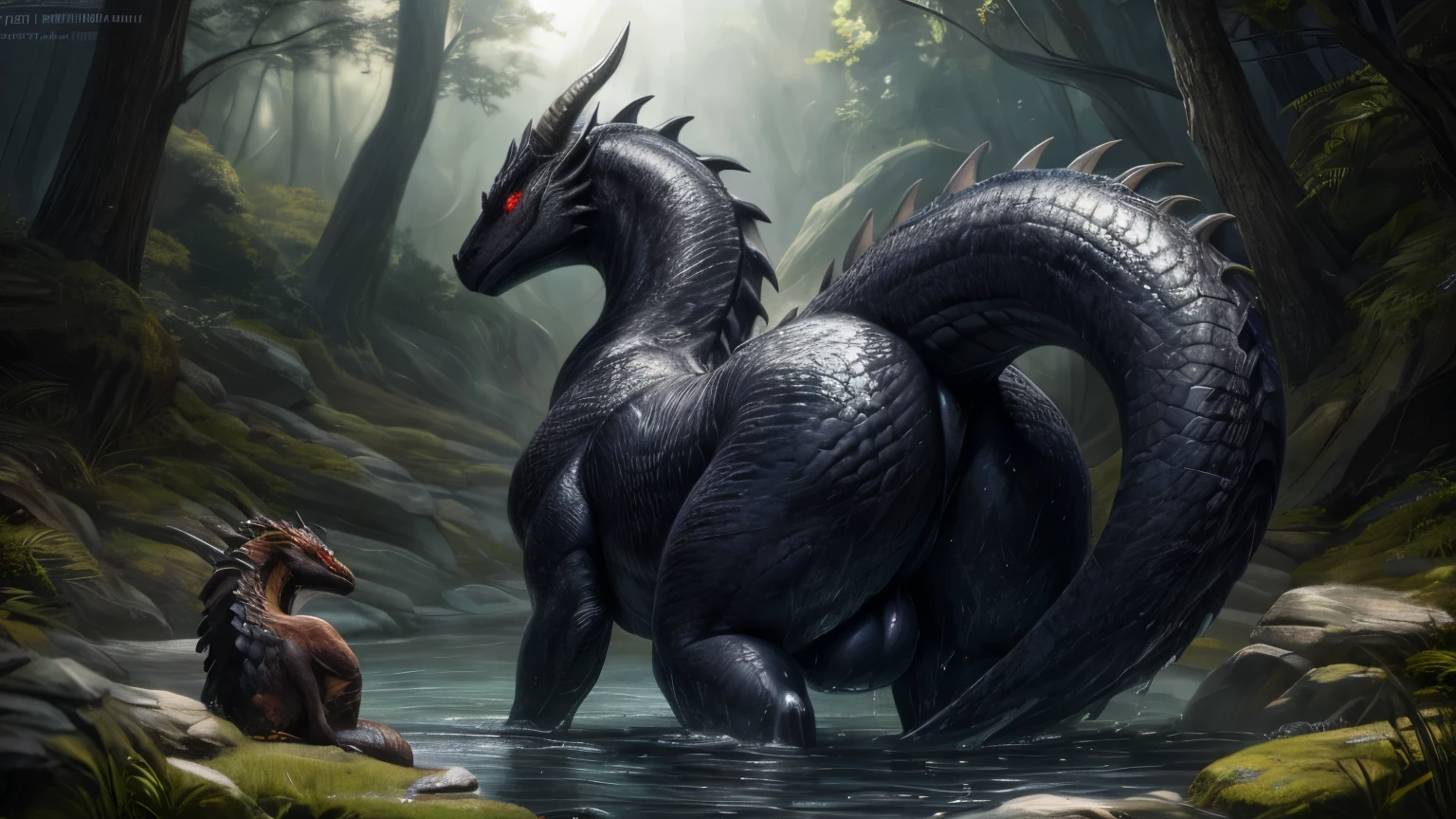 (high quality,4k,8k,highres,masterpiece:1.2),ultra-detailed,(realistic,photorealistic,photo-realistic:1.37),pixiv masterpiece,(intricate details), nsfw, chubby wet feral Dragon with highly detailed orange scales and Black fluffy hair, group of dragons bathing, feral, red eyes, glowing eyes, empty eyes, stunningly sharp-focus, charming chubby body, curvy, huge ass, very big ass, wet ass, wide hips, thicc thighs, enchanting black hue, swaying tail, impressive scales, powerful presence, mesmerizing beauty, evil posture, well-defined claws, sinister-hearted, radiant aura, captivating artwork, artistically rendered, masterful strokes, attention to detail, tasteful composition, alluring charm, careful shading, great attention to anatomy, meticulous rendering, impeccable craftsmanship, vivid colors, big balls, perfect balance between realism and fantasy, wet, sweaty, big fluffy tail, thick tail, booty focus, Landscape shot, hill, forest,
