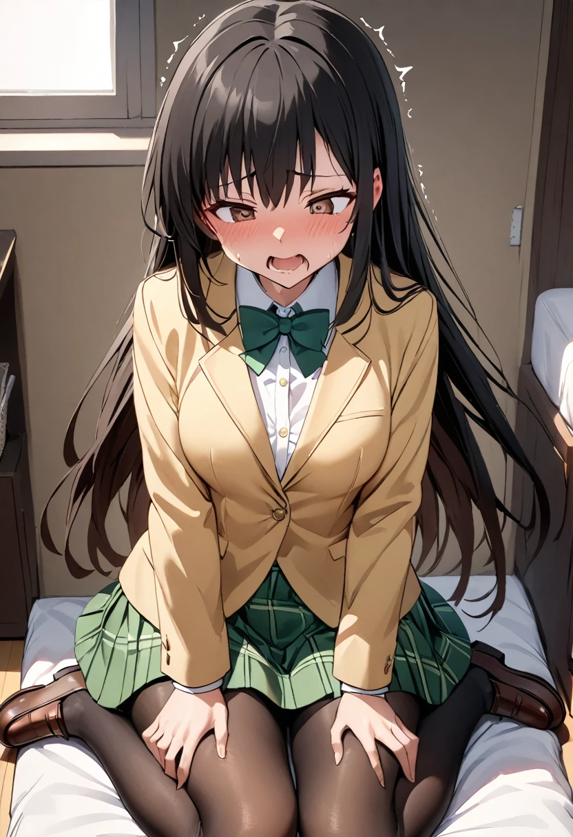 Furukawa Yui、Black Hair、 Brown Eyes 、Long Hair、 I feel the intense climax、Naughty expression、Hot body、Hot Breath、painful crotch 、Scream、(( trembling body))、 lies down, Bend your body、Alone, Yellow Blazer,  Long Sleeve , Green bowtie,  check mini skirt , Green mini skirt,  pantyhose,  Loafers, masterpiece, Best Quality,   detail face , fine grain,  high resolution on down、Hot body、Hot Breath、