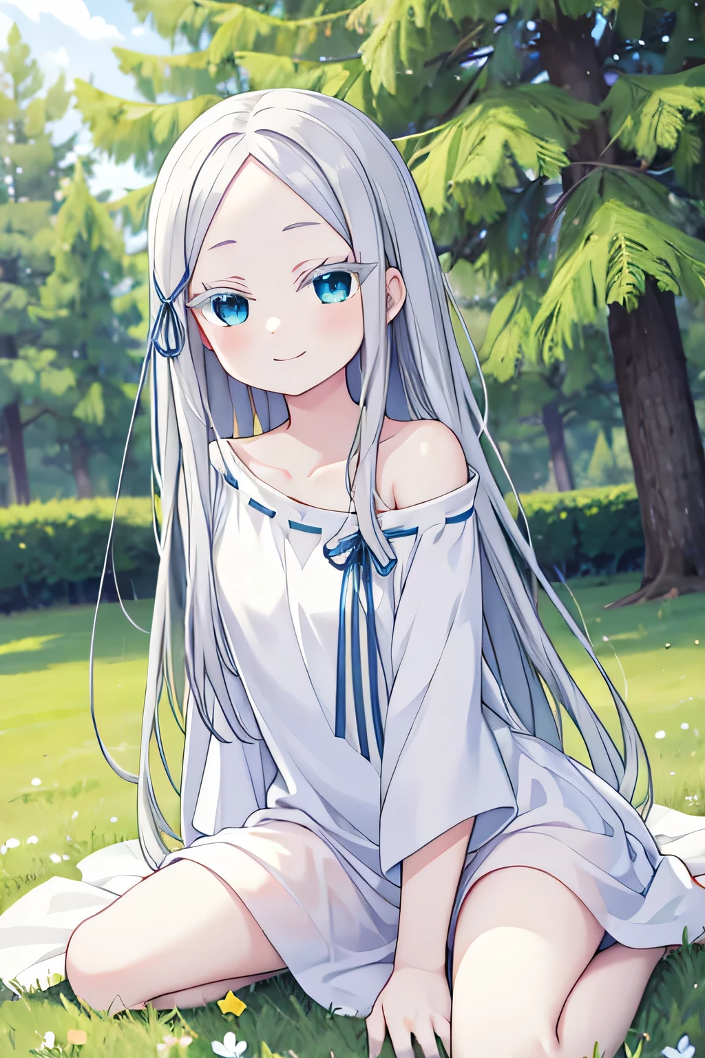 pandora, pddf, green grass area, masterpiece, smile, sit pose, blue eyes