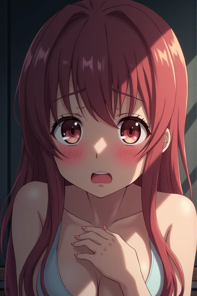 Completely naked anime girl very obvious humiliated and crying with a strap on her neck and drinking urine from a man