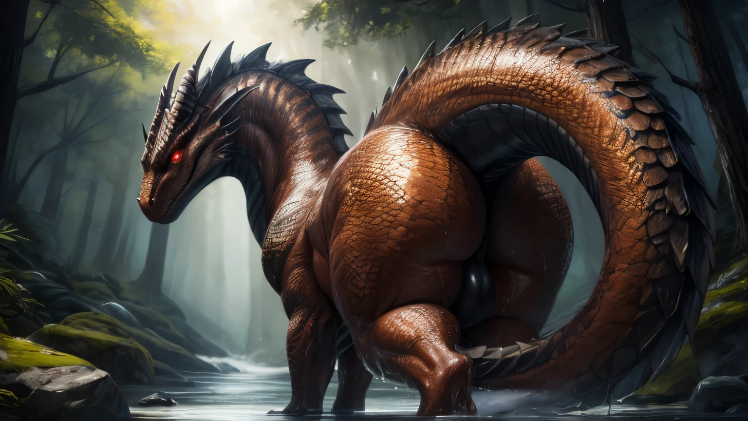 (high quality,4k,8k,highres,masterpiece:1.2),ultra-detailed,(realistic,photorealistic,photo-realistic:1.37),pixiv masterpiece,(intricate details), nsfw, chubby wet feral Dragon with highly detailed orange scales and Black fluffy hair, walking, bathing, feral, red eyes, glowing eyes, empty eyes, stunningly sharp-focus, charming chubby body, curvy, huge ass, very big ass, wet ass, wide hips, thicc thighs, enchanting black hue, swaying tail, impressive scales, powerful presence, mesmerizing beauty, evil posture, well-defined claws, sinister-hearted, radiant aura, captivating artwork, artistically rendered, masterful strokes, attention to detail, tasteful composition, alluring charm, careful shading, great attention to anatomy, meticulous rendering, impeccable craftsmanship, vivid colors, big balls, perfect balance between realism and fantasy, wet, sweaty, big fluffy tail, thick tail, booty focus, Landscape shot, hill, forest,
