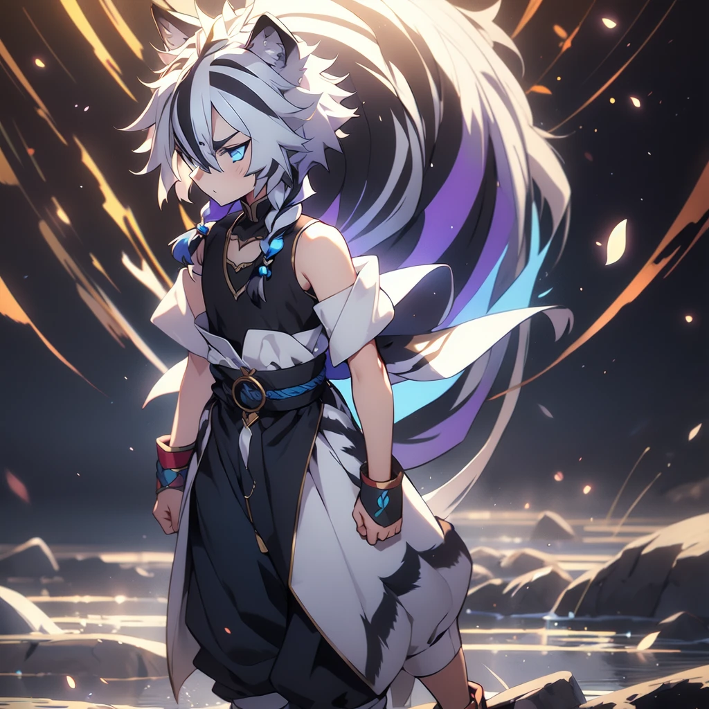 ((masterpiece)), 1boy, standing, white tiger ears, white tiger tail, white hair, two-tone hair, braid, blue eyes, full body, dark purple shirt, black pants, bracelets, angry, blushing, secretly loving, looking away.