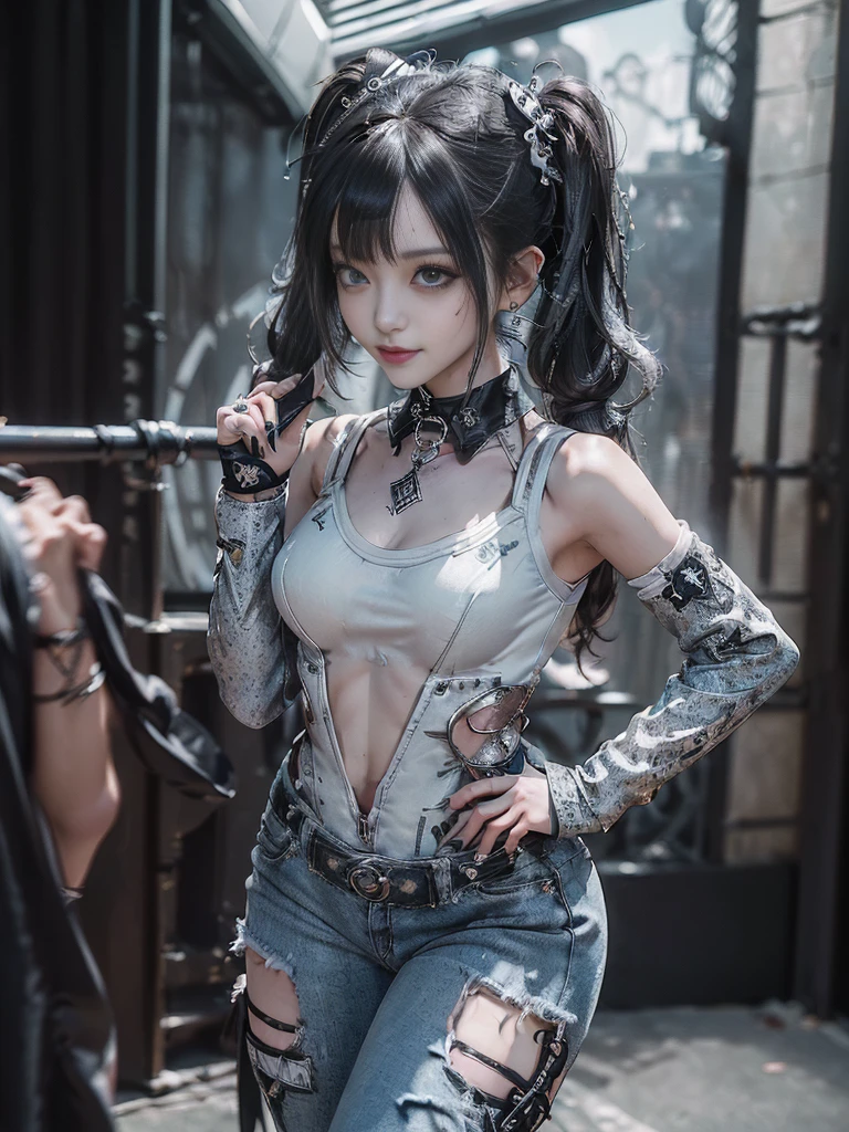 (Full body view:1.4)、(Side view:1.1)、(Smiling with teeth showing:1.3),(Shibuya Gal:1.5)、(Gothic Lolita style fashion:1.5)、(Punk RockVisual Kei:1.5)、(Wearing a rhythmic gymnastics bodysuit with intricate details:1.4)、(Racing suit and pants with intricate decorations in white, denim and charcoal:1.5)、(Denim and light blue and white boots:1.3)、((belt))、(Numerous delicate logo marks all over the costume:1.4)、(collar:1.3)、(Striped underwear:1.5)、20-year-old、NSFW、((Highest quality、In 8K、masterpiece:1.3))、Sharp focus:1.2、(Layered Cut、Huge boobs:1.1),Beautiful woman with perfect figure:1.4、(Dancing vigorously:1.3)、Slender Abs:1.2、Highly detailed face and skin texture、Detailed eyes、double eyelid,(Twin tails:1.3)、(Brown Hair:1.3)、Gravure idol、(The background is the stage of the fashion show:1.3)、(Slim body:1.3),(Make your legs thinner:1.4),(clavicle:1.1)、(Thin and slim thighs:1.3)