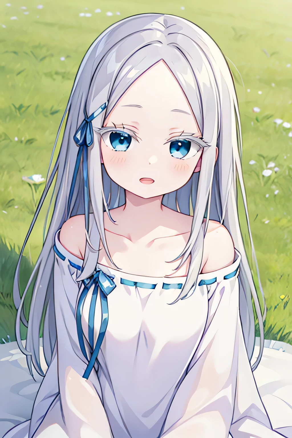 pandora, pddf, green grass area, masterpiece, open mouth, sit pose, blue eyes, upper body, blink eyes