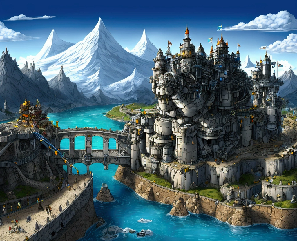 main world, mechanical castle on snowy mountain, white walls blue roof, diesel punk style, gears in castle structure, fairy night, scorched earth, river near mountain, bridge passing over river