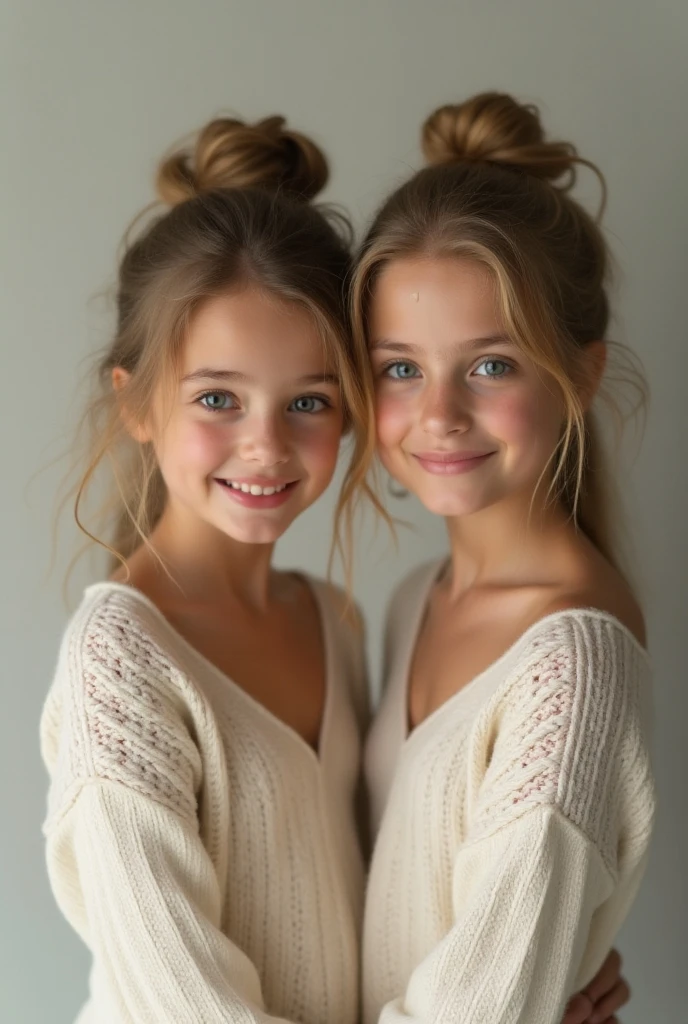 dos beautiful niñas pequeñas, princesses, naked, beautiful, perfect,  high definition , 8K, HD, perfect, naked,  look at the camera with a cheerful smile,  hyperrealistic,  professional photograph ,  full body wool sweater,  dripping on their bodies droplets of milk , Abundant milk 