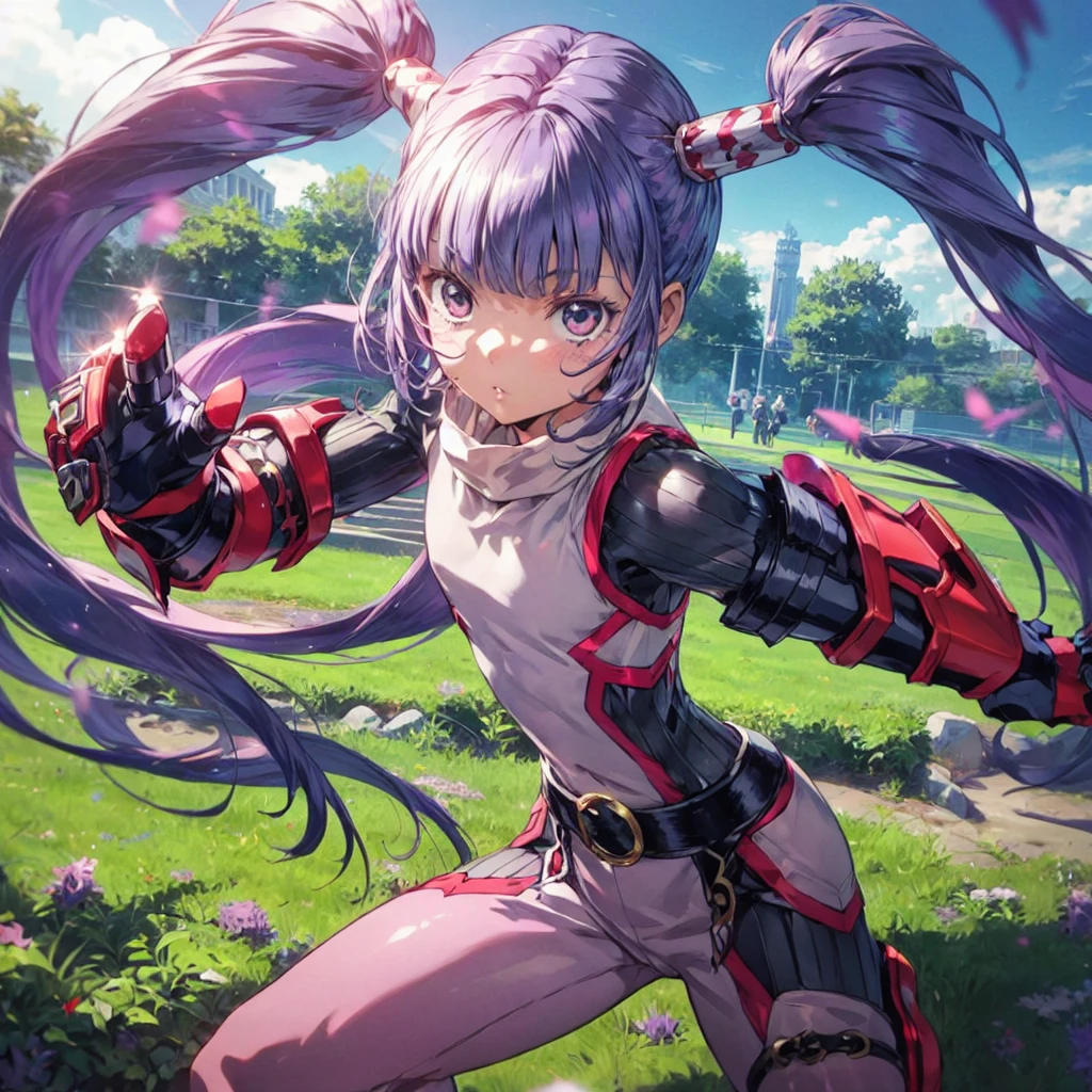 1girl,  girl, solo, Sophie_TalesOf, purple hair, long twintails, flat chest, pink bodysuit, outdoors, medieval, dynamic pose, fighting stance, oversized mechanical gauntlets,