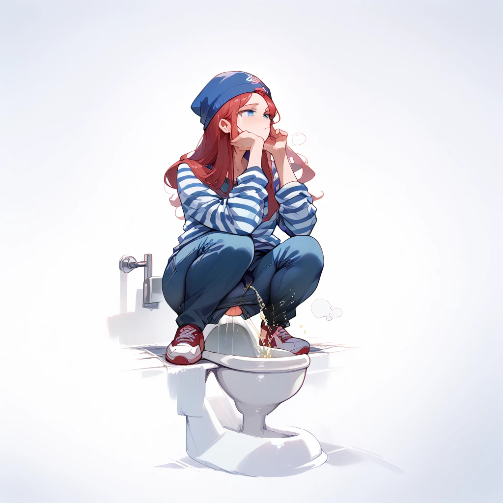 Sexy girl, red long hair, blue eyes, big ass, pulled-down pants, squatting in the toilet, peeing, we can see her peeing, uncensored