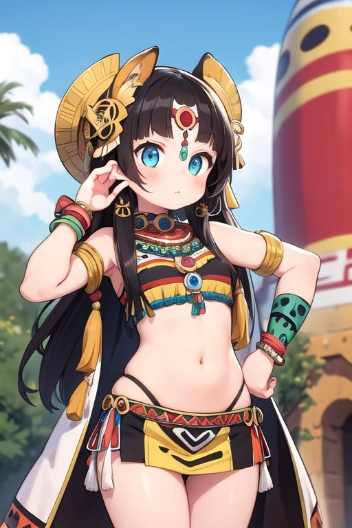 cowboy shot, <lora:Savage_Design:0.8> Savage_Design, bone necklace, tribal,, ultra detailed, masterpiece, best quality, aesthetic, detailed,, solo, smile, 1girl, aqua eyes, black hair, <lora:low_ponytail-1.0:0.8> low ponytail, ahoge, absurdly long hair, very long hair, hair flaps, hair between eyes, bangs, messy hair, small breasts, goggles on head, closed mouth,