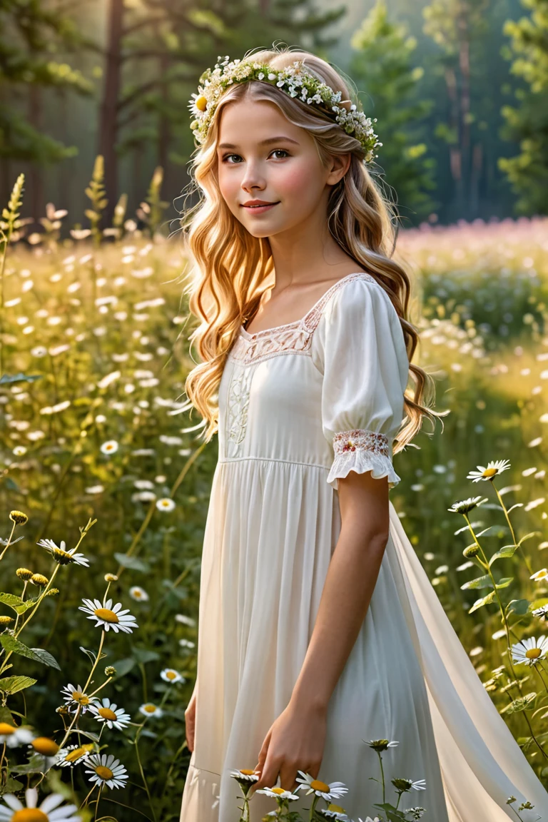 beautiful little medieval russian princess girl 13 year old, long blonde wavy hair, transparent white dress