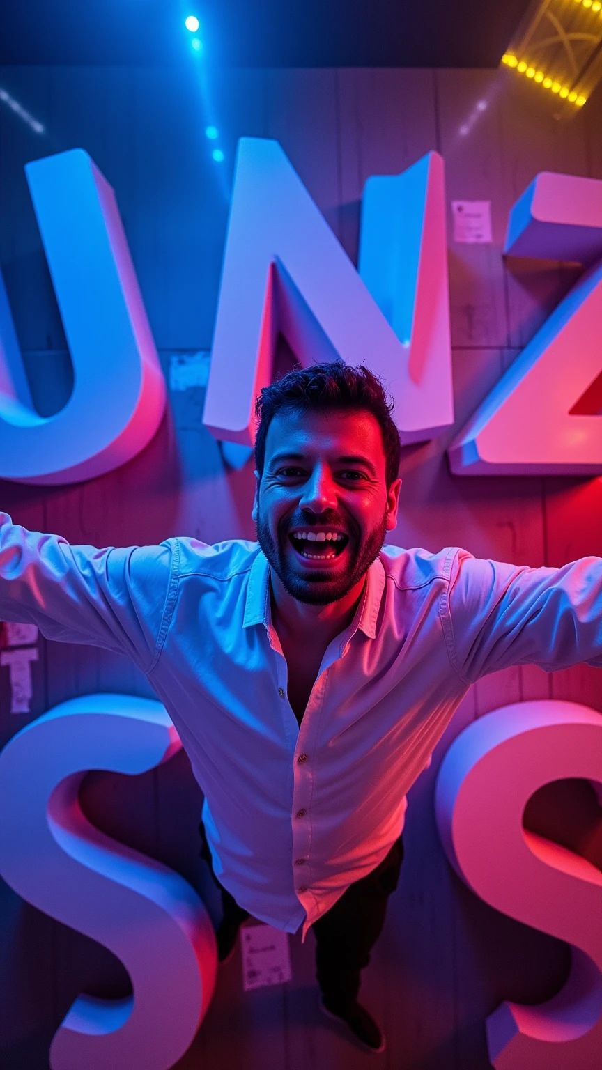 Cinematic, highly detailed close-up scene of large 3D letters spelling 'UNIVERSITY' placed on the floor, viewed from directly above at a high angle. The letters are positioned to face upwards, creating depth and an immersive perspective.
Emerging from the center of the letters is a man in a crisp white collared shirt, his arms outstretched to the sides as he looks directly up at the camera with an energetic, inviting expression. The lighting is dramatic, with vibrant neon blue, purple, and yellow hues casting vivid reflections and shadows across the letters and the man's figure.
A hazy, smoky atmosphere envelops the scene, adding to the club-like ambiance. There are no other background elements - the focus is solely on the 3D letters, the man, and the dynamic, colorful lighting that illuminates them. The overall effect should be visually striking, cinematic, and draw the viewer into the excitement and energy of a lively university party setting