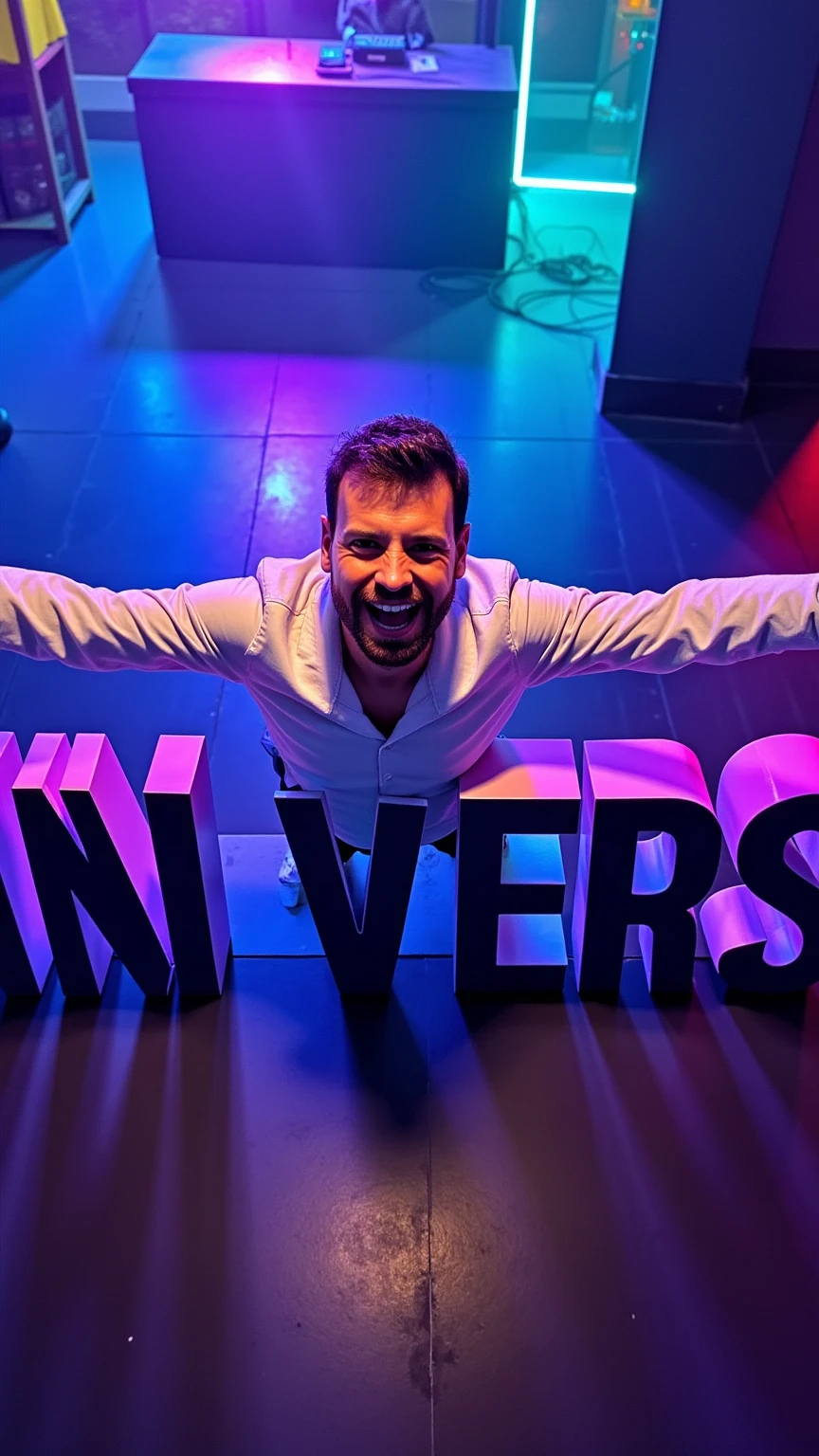 Cinematic, highly detailed close-up scene of large 3D letters spelling 'UNIVERSITY' placed on the floor, viewed from directly above at a high angle. The letters are positioned to face upwards, creating depth and an immersive perspective.
Emerging from the center of the letters is a man in a crisp white collared shirt, his arms outstretched to the sides as he looks directly up at the camera with an energetic, inviting expression. The lighting is dramatic, with vibrant neon blue, purple, and yellow hues casting vivid reflections and shadows across the letters and the man's figure.
A hazy, smoky atmosphere envelops the scene, adding to the club-like ambiance. There are no other background elements - the focus is solely on the 3D letters, the man, and the dynamic, colorful lighting that illuminates them. The overall effect should be visually striking, cinematic, and draw the viewer into the excitement and energy of a lively university party setting