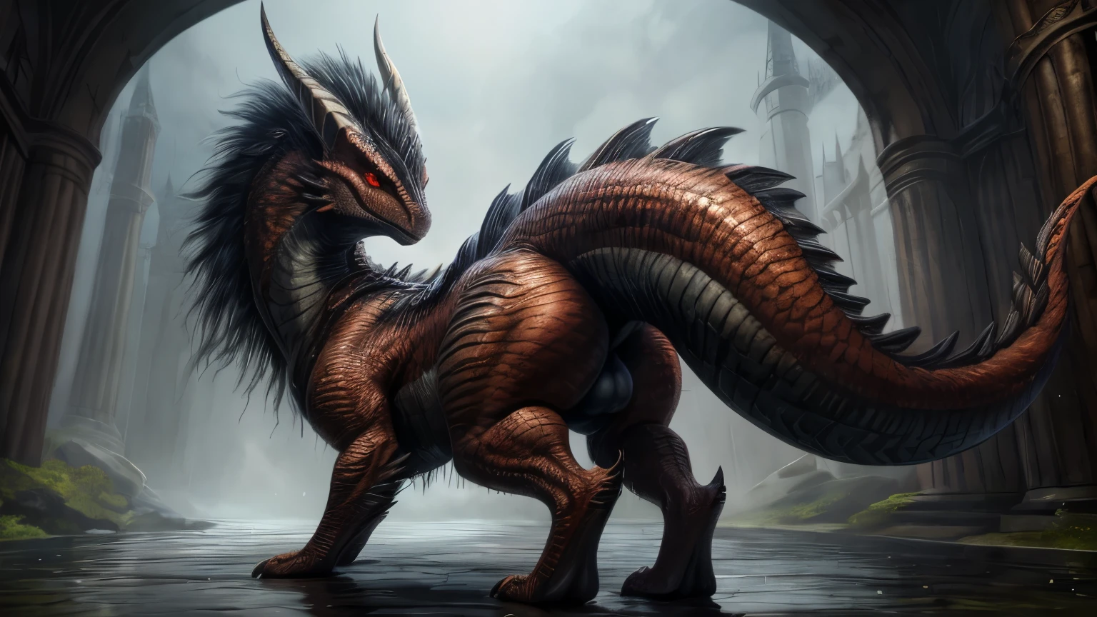 (high quality,4k,8k,highres,masterpiece:1.2),ultra-detailed,(realistic,photorealistic,photo-realistic:1.37),pixiv masterpiece,(intricate details), nsfw, chubby wet feral Dragon with highly detailed orange scales and Black fluffy hair, walking, castle, feral, red eyes, glowing eyes, empty eyes, stunningly sharp-focus, charming chubby body, curvy, huge ass, very big ass, wet ass, wide hips, thicc thighs, enchanting black hue, swaying tail, impressive scales, powerful presence, mesmerizing beauty, evil posture, well-defined claws, sinister-hearted, radiant aura, captivating artwork, artistically rendered, masterful strokes, attention to detail, tasteful composition, alluring charm, careful shading, great attention to anatomy, meticulous rendering, impeccable craftsmanship, vivid colors, big balls, perfect balance between realism and fantasy, wet, sweaty, big fluffy tail, thick tail, booty focus, Landscape shot,
