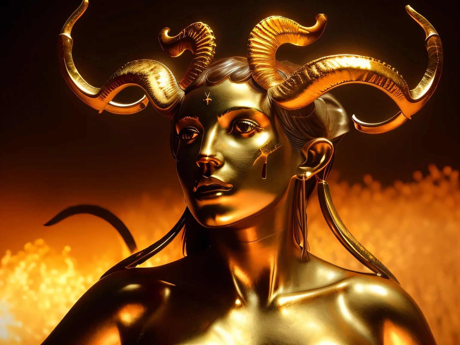 a closeup statue of a (woman with two long horns:1.4), bronze, aged gold, raid on gold, dirt on gold body, 3d, cgsociety, inspired by James Paick, burning in hell, detailed, intricate, cinematic lighting, ultra-detailed, hyper realistic, masterpiece, 8k