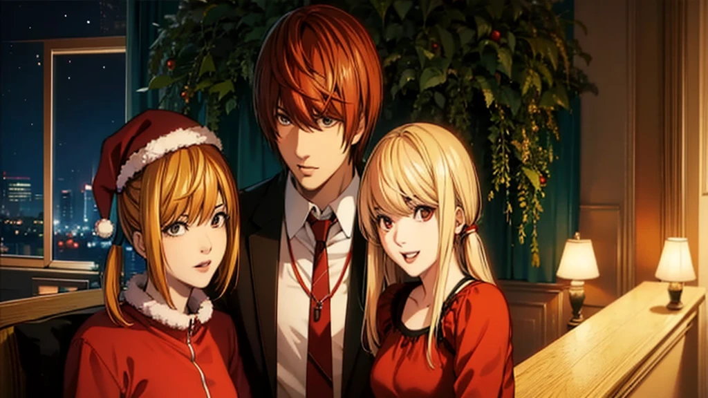 2 people; 2 characters; 2 anime characters; a couple (1 male, 1 female); a couple of anime characters; male character; male anime character; female character; female anime character; anime art style; Death Note anime art style; Light Yagami; character Light Yagami;
male character Light Yagami; male character Light Yagami from Death Note; male character with brown eyes; character Light Yagami with brown eyes; brown-haired male character; character Light Yagami with brown hair; Misa Amane; character Misa Amane; female character Misa Amane; female character Misa Amane from Death Note; female character with light blue eyes; character Misa Amane with light blue eyes; female character with blonde hair; character Misa Amane with blonde hair; female character in pigtails; character Misa Amane with pigtails; male character dressed up for Christmas; character Light Yagami dressed up for Christmas; male character dressed as Santa Claus; character Light Yagami dressed as Santa Claus; male character dressed as Santa Claus for Christmas; character Light Yagami dressed as Santa Claus for Christmas; male character dressed in red Christmas clothes; character Light Yagami dressed in red Christmas clothes; male character wearing a red cap on his head; character Light Yagami wearing a red cap on his head; female character dressed up for Christmas; character Misa Amane dressed up for Christmas; female character dressed as Mrs. Claus; character Misa Amane dressed as Mrs. Claus; female character dressed as Mrs. Claus for Christmas; character Misa Amane dressed up as Mrs. Claus for Christmas; female character dressed in red Christmas clothes; character Misa Amane dressed in red Christmas clothes; female character wearing a green Christmas barrette on her head; character Misa Amane wearing a green Christmas barrette on her head; cozy fireplace as a background; interior of a Christmas themed house as background; fireplace illuminating the house; cozy moody lighting; Christmas background;