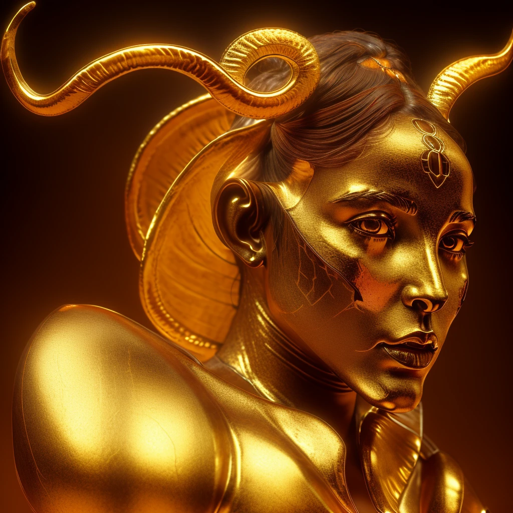 a closeup statue of a (woman with two long horns:1.4), bronze, aged gold, raid on gold, dirt on gold body, 3d, cgsociety, inspired by James Paick, burning in hell, detailed, intricate, cinematic lighting, ultra-detailed, hyper realistic, masterpiece, 8k