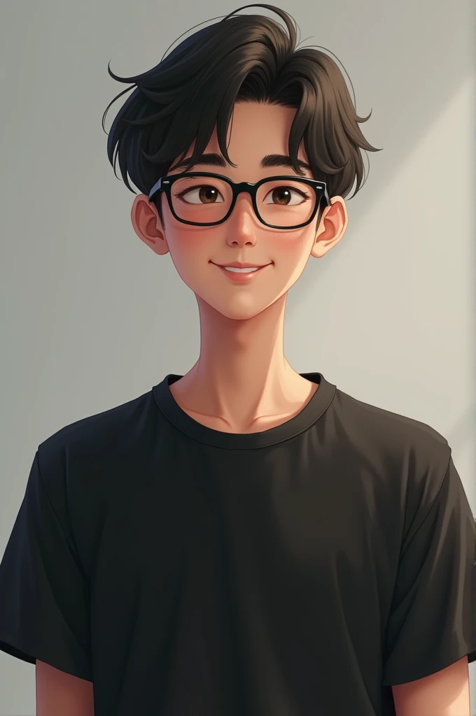 "Best quality, 1 boy and 1 man, ages 30, solo, cartoon 3D portrait, minimalist background, short black hair, pink lips, black shirt, black glasses, direct gaze."