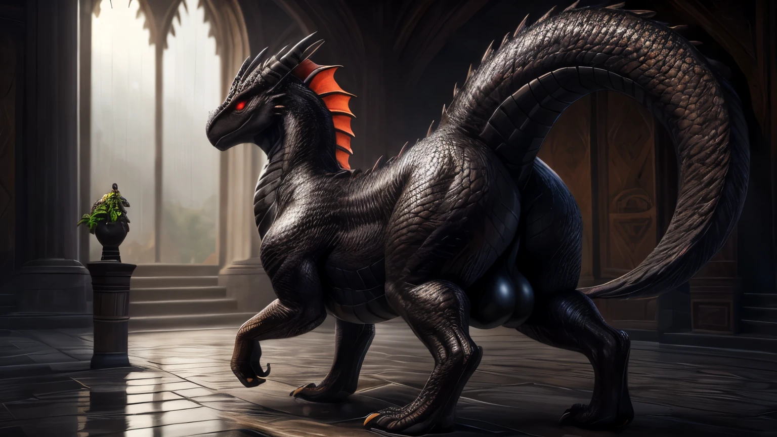 (high quality,4k,8k,highres,masterpiece:1.2),ultra-detailed,(realistic,photorealistic,photo-realistic:1.37),pixiv masterpiece,(intricate details), nsfw, chubby wet feral Dragon with highly detailed orange scales and Black fluffy hair, walking, castle, feral, red eyes, glowing eyes, empty eyes, stunningly sharp-focus, charming chubby body, curvy, huge ass, very big ass, wet ass, wide hips, thicc thighs, enchanting black hue, swaying tail, impressive scales, powerful presence, mesmerizing beauty, evil posture, well-defined claws, sinister-hearted, radiant aura, captivating artwork, artistically rendered, masterful strokes, attention to detail, tasteful composition, alluring charm, careful shading, great attention to anatomy, meticulous rendering, impeccable craftsmanship, vivid colors, big balls, perfect balance between realism and fantasy, wet, sweaty, big fluffy tail, thick tail, booty focus, Landscape shot,
