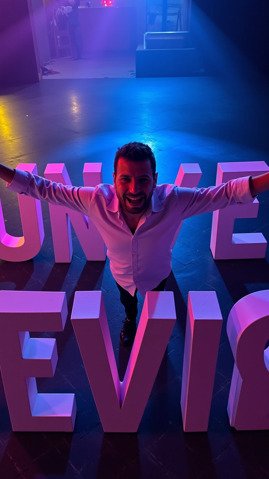 Cinematic, highly detailed close-up scene of large 3D letters spelling 'UNIVERSITY' placed on the floor, viewed from directly above at a high angle. The letters are positioned to face upwards, creating depth and an immersive perspective.
Emerging from the center of the letters is a man in a crisp white collared shirt, his arms outstretched to the sides as he looks directly up at the camera with an energetic, inviting expression. The lighting is dramatic, with vibrant neon blue, purple, and yellow hues casting vivid reflections and shadows across the letters and the man's figure.
A hazy, smoky atmosphere envelops the scene, adding to the club-like ambiance. There are no other background elements - the focus is solely on the 3D letters, the man, and the dynamic, colorful lighting that illuminates them. The overall effect should be visually striking, cinematic, and draw the viewer into the excitement and energy of a lively university party setting