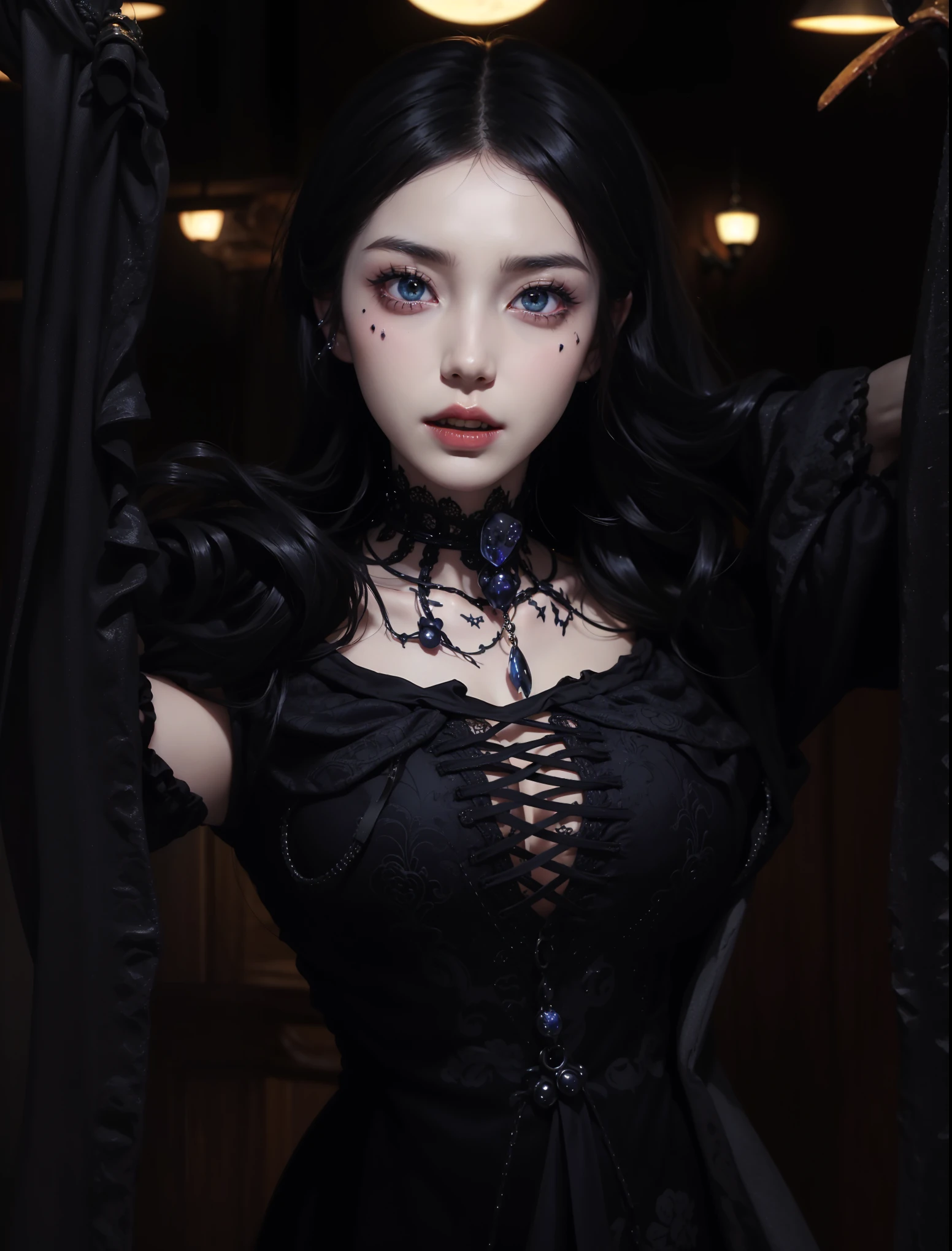 (((Wet)))、((Highest quality、masterpiece、8k、Best image quality、Ultra-high resolution、Award-winning works))、A vampire princess、(Hey Pregnant 1.05)、(evil and creepyな吸血鬼:1.1)、(evil and creepyなメイク:1.1)、(evil and creepy:1.1)、(Pure white skin:1.1)、eye shadow、Long Hair、(Accurate anatomy:1.1)、Huge and creepy European castle、(evil and creepyな城の背景:1.1)、Creepy Vampire Castle、Spooky and scary castle、Spooky fog、Detailed Background、Spooky Night Castle、(look at me with cold eyes:1.1)、Wet intricately decorated dress、Wet&#39;s most complicated vampire dress、邪悪なHighest qualityの巨大なティアラ、邪悪なHighest qualityの巨大なネックレス、濡れたA vampire princessの邪悪なドレス、Wet intricately decorated dress、Small Valley、Tattoo with an evil pattern、Evil decoration、Artistic and eerie patterns、Ruby Decoration、Giant Ruby、Evil pattern decoration、Artistic decoration、Wet slim waist dress、The most realistic background、Complex background,、Highly detailed and realistic backgrounds、Ultra-high resolutionの顔、Ultra HD Hair、Ultra HD glossy skin、Ultra-high resolutionの完璧な歯、Ultra-high definition eyes