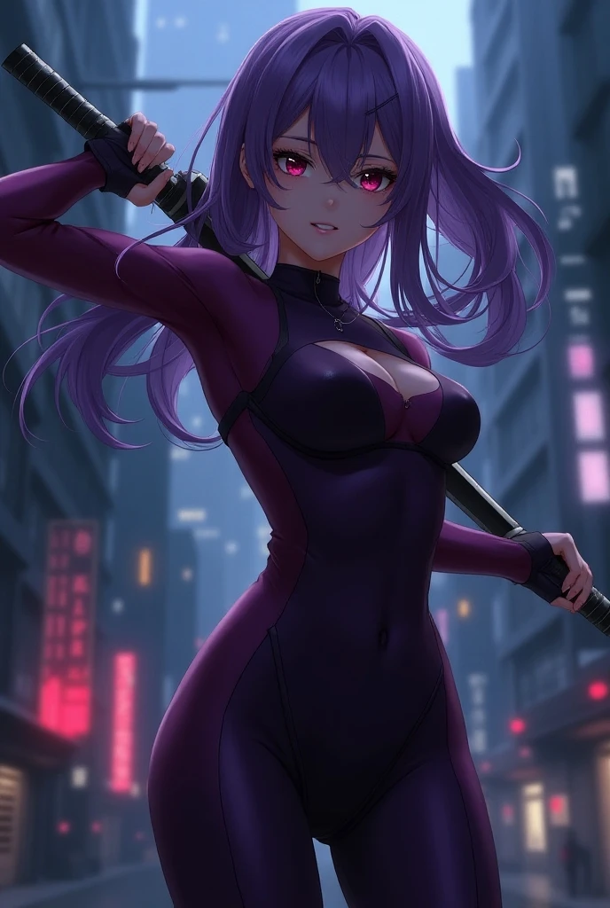 Anime - style image of a woman with purple hair, badass anime 8 k, estilo anime 4K, menina anime sedutora, arte digital do anime, arte de anime digital detalhada, personagem de anime feminino, Papel de parede anime 4k, menina de anime, mulher bonita sedutora, arte de anime digital, Advanced digital anime art, corpo bonito ultra detalhado, segurando uma katana