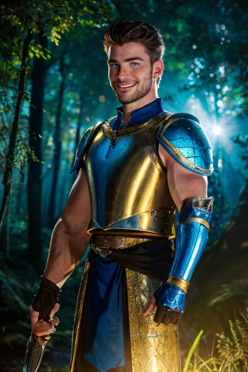 Photo realistic. A handsome, twenty-year-old, Caucasian, muscular medieval warrior, with fade-cut, brown hair, stubble, and blue eyes, wearing sleeveless, shimmering blue and gold armor, smiling slightly, standing in a magical forest, with glowing lights floating around, at dusk.