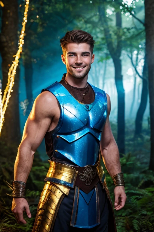 Photo realistic. A handsome, twenty-year-old, Caucasian, muscular medieval warrior, with fade-cut, brown hair, stubble, and blue eyes, wearing sleeveless, shimmering blue and gold armor, smiling slightly, standing in a magical forest, with glowing lights floating around, at dusk.