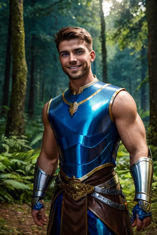 Photo realistic. A handsome, twenty-year-old, Caucasian, muscular medieval warrior, with fade-cut, brown hair, stubble, and blue eyes, wearing sleeveless, shimmering blue and gold armor, smiling slightly, standing in a magical forest, with glowing lights floating around, at dusk.