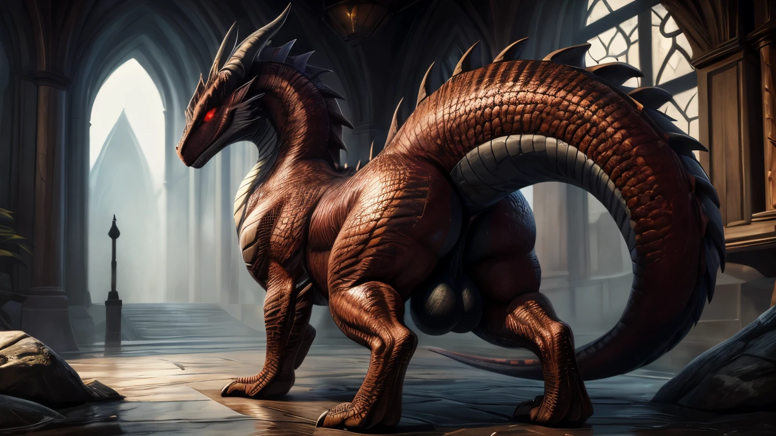 (high quality,4k,8k,highres,masterpiece:1.2),ultra-detailed,(realistic,photorealistic,photo-realistic:1.37),pixiv masterpiece,(intricate details), nsfw, chubby wet feral Dragon with highly detailed orange scales and Black fluffy hair, walking, castle, feral, red eyes, glowing eyes, empty eyes, stunningly sharp-focus, charming chubby body, curvy, huge ass, very big ass, wet ass, wide hips, thicc thighs, enchanting black hue, swaying tail, impressive scales, powerful presence, mesmerizing beauty, evil posture, well-defined claws, sinister-hearted, radiant aura, captivating artwork, artistically rendered, masterful strokes, attention to detail, tasteful composition, alluring charm, careful shading, great attention to anatomy, meticulous rendering, impeccable craftsmanship, presenting butt, vivid colors, big balls, perfect balance between realism and fantasy, wet, sweaty, big fluffy tail, thick tail, booty focus, Landscape shot,
