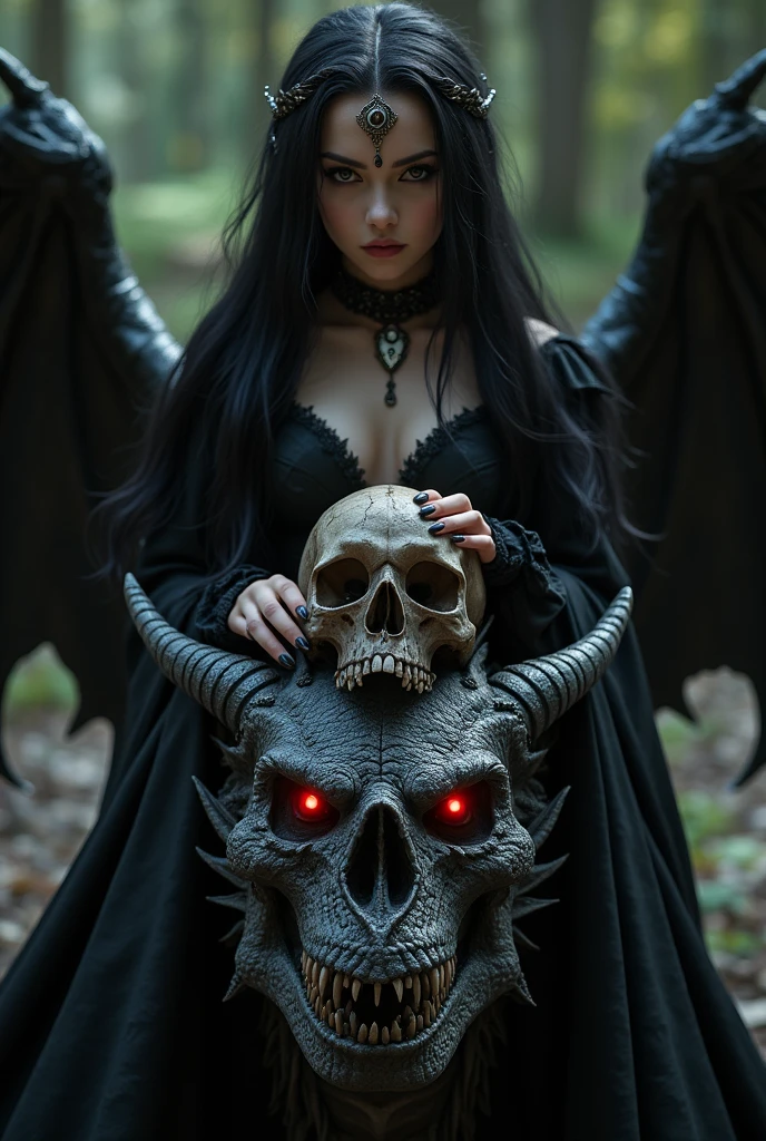 front focus, cinematic scene, best quality, ultra-detailed, charming facial features, beautiful sexy gothic queen woman, black hair, girl sitting on the head of the dragon father, red glowing dragon eyes, holding a skull, digital style,
