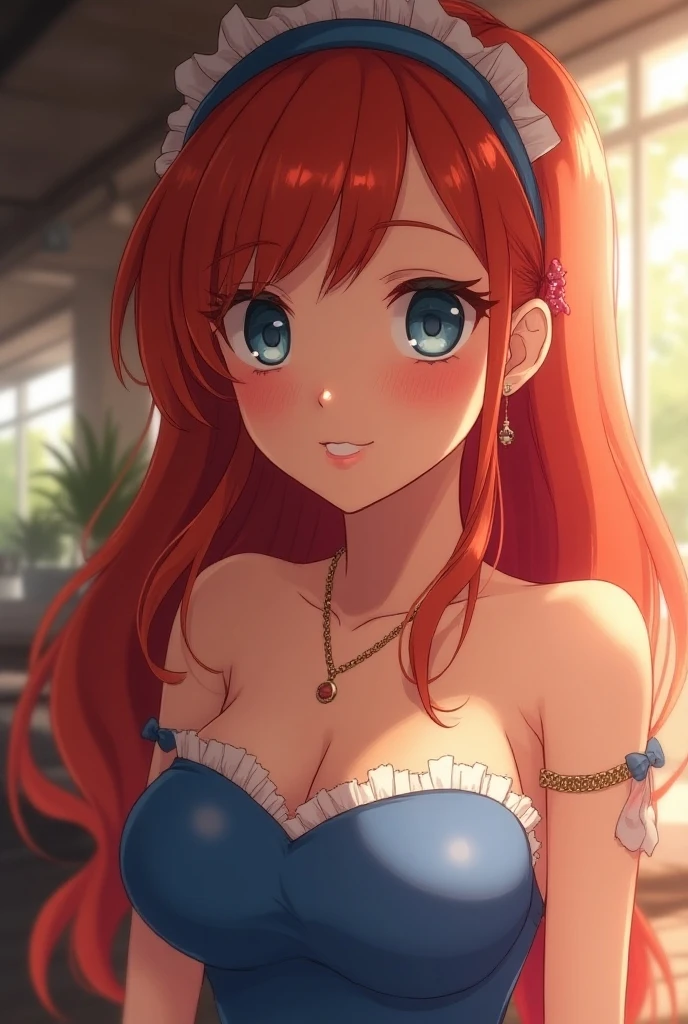 (Masterpiece, Best Quality, High Quality),Nishikino maki, Red hair, purple eyes, volumetric lighting, illustration, beautiful, a bow,upper body, (camisole:1.1), floral print, big breasts, looking to the side, confident, seductive smile, (arms behind back, head tilt:1.1), heart pendant, perfect lighting, perfect shadows, flower, (breathtaking scenery:1.1), tree, blushing