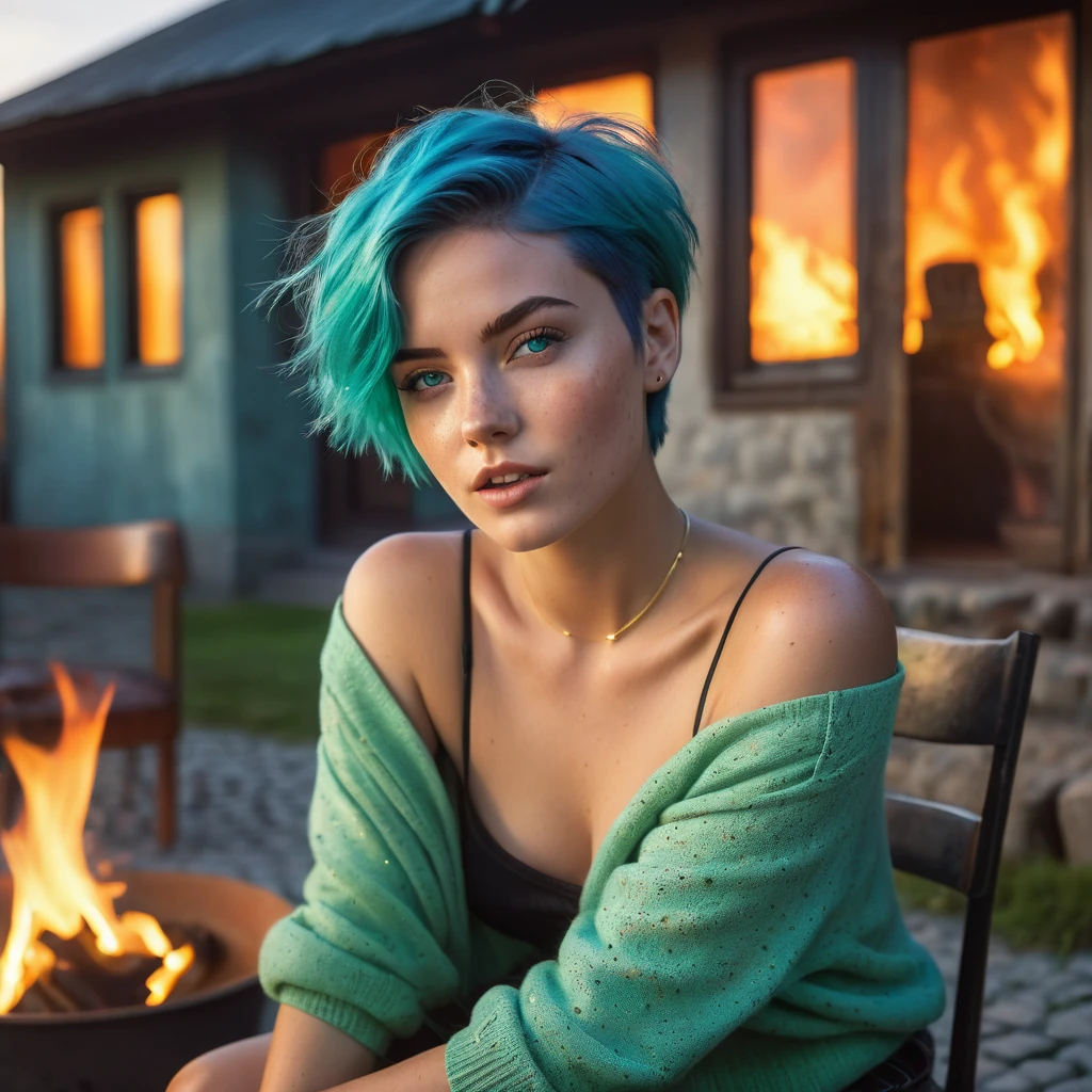 (((Woman, 20 Years Old, Nordic Ethnicity, short blue hair, perfect face, light freckles, Blue-Green Eyes))), (((standing confidently in an open, scenic place during sunset))). ((Wearing a stylish, elegant outfit that complements the warm, golden hues of the sunset)), (((soft breeze gently moving her hair))). ((Sunset lighting casting a warm, golden glow on her face and body, creating long shadows and a serene atmosphere)). (Background includes a soft-focus landscape, perhaps with distant mountains or a calm body of water, bathed in the warm light of the setting sun)). (((Color palette - turquoise, neon green, yellow shades))), (best quality, 8k, masterpiece, ultra-detailed, photorealistic, sunset lighting, sharp focus).