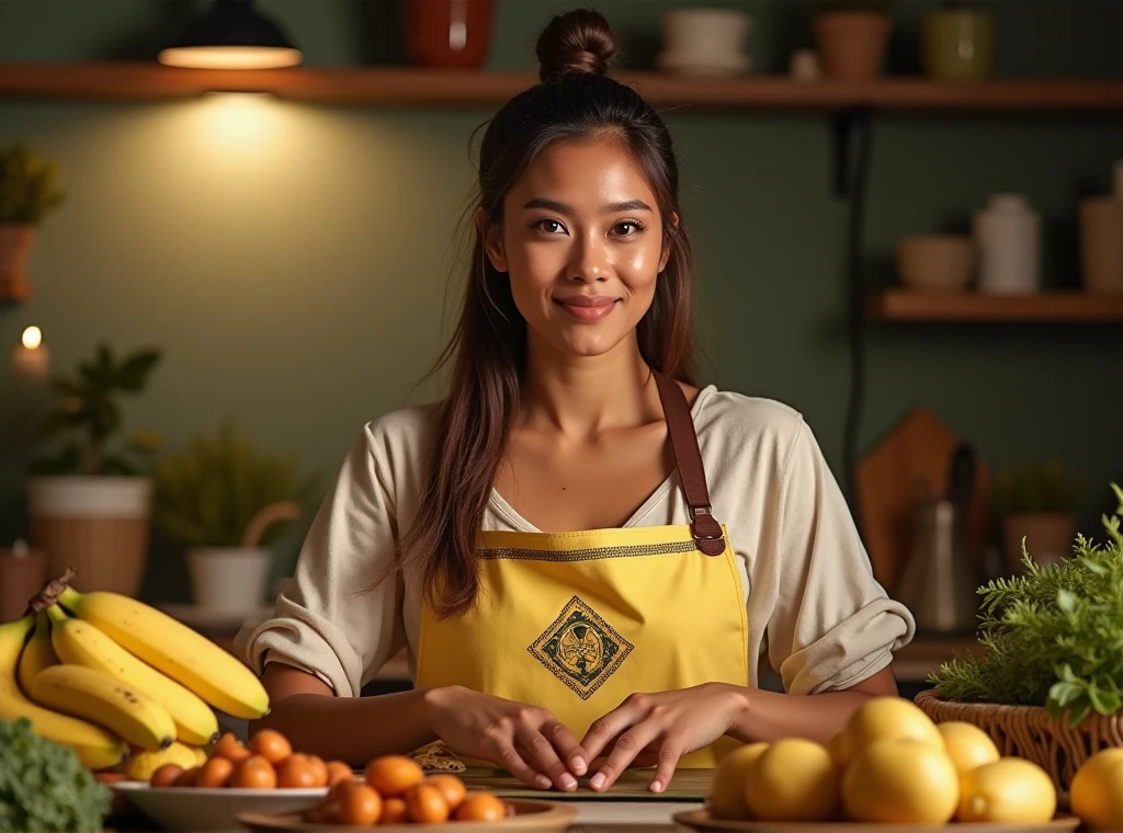 a 17 year old woman wearing a hijab in a long dress, sitting in front of a table full of various bananas, some of the bananas cut in half are put in a transparent plastic food container, the texture of the banana looks authentic, some of the bananas are put in a bamboo basket, wearing a traditional batik apron from java indonesia, 4k photography, connection, generating joy, flower market, art contest winner, amazing photo quality, indonesian traditional market, 1024×1024