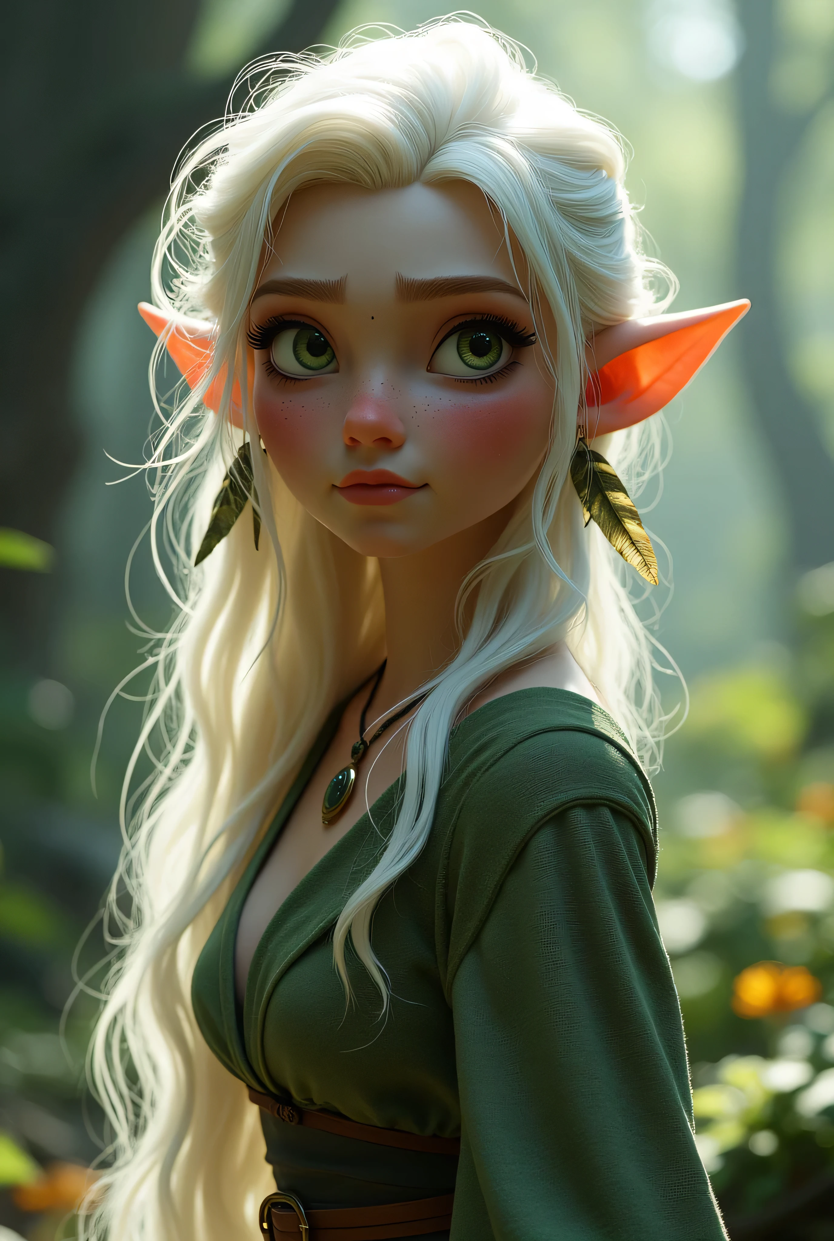 Score_9, score_8_up, score_7_up // (a gray elf woman:1.2), long white hair, in her right ear she has a feather earring // the outfit is made of cloth and leaves, Disney-Pixar 