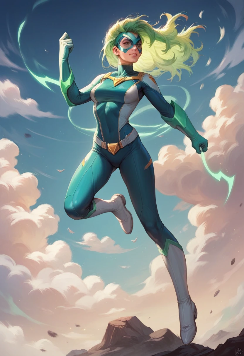 ((best quality)), ((masterpiece)), ((ultra realistic)), (dynamic sexy pose), american blonde, beautiful detailed face, detailed eyes, sexy us military officer, dressed in a green and white leotard, city backdrop, neon edge lighting, highly detailed, professional, bare legs, full body, medium hair, super spin, matching blue boots, tornado spin, standing, twirl, spinning cyclone, cyclone winds, powering up, wind particles, dust particles, cyclone particles, super spin, drilling spin, tornado drill,