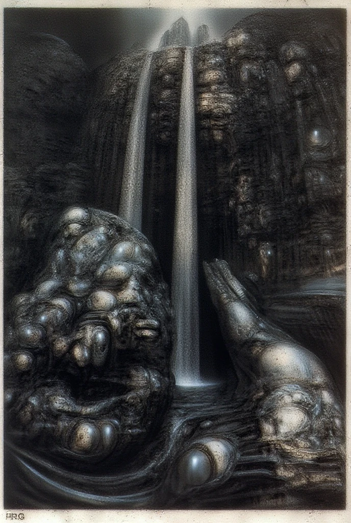 HRGGR, The image is a detailed view of H.R. Giger's biomechanical tableau \" HRG NY CITY II \" plate, featuring a complex, intricate, and detailed design of endless Machine in the transit space over the cascade of fallen water, that appears to be a fusion of organic and mechanical elements, with a focus on the interplay between the two.The piece is a tableau, most likely created with a India ink pen or pencil on paper, determined by the thin lines, shading techniques, and the texture of the paper, which is visible around the edges. Used is pen, given the shading and variations in line weight visible in the image. Artist have used a variety of stylus with different degrees of hardness to achieve the shading effects. The use of undersaturated green-grays dark contrasts creates a stark and graphic look. Is used a variety of linework techniques to create different textures. Fine, parallel lines create a smooth, metallic texture,while thicker, more cursive lines suggest cables or wires. Light source from the top highlights skeletals, pper part of foreground, lower part of image is in shadowupper part of foreground, lower part of image is in shadow. The art performance showcases the artist’s skills in observation and rendering. The level of detail in the piece suggests a close study of real bone specimens and mechanics. The artist has skillfully used shading techniques to create a convincing illusion of three-dimensionality on a flat surface. The wrinkles and cracks in the surface, and the cast shadows with accuracy, used shading techniques to create a realistic depiction of light and shadow on the objects. This creates a sense of depth and dimension in the image. The artist has used careful linework to depict the contours and textures in the piece Sharp focus on foreground elements illustration. Deep and delicate DOF. Big painting. Stored in Louvre masterpiece, ooze soaked pajama top