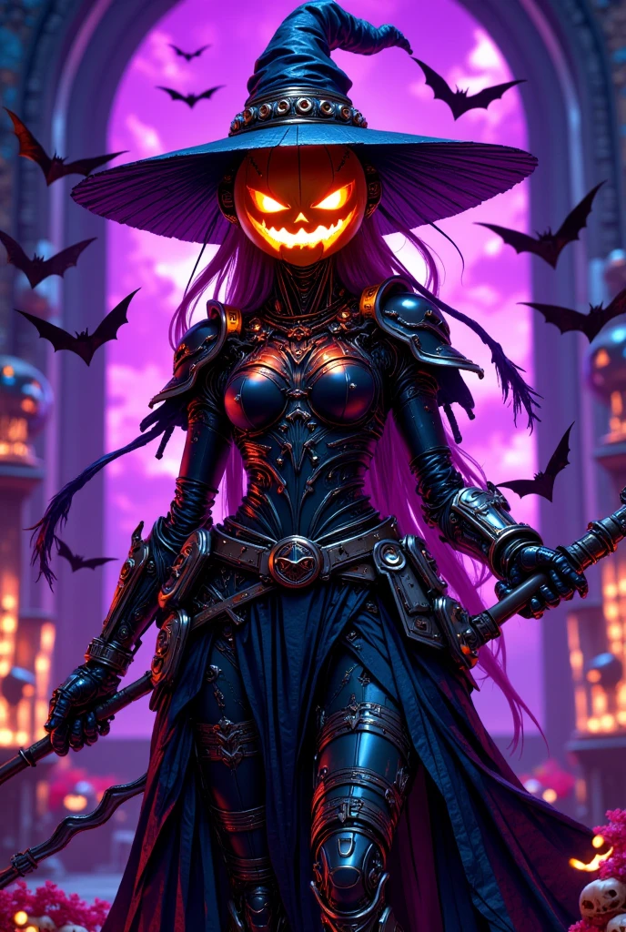 a cyberpunk cyborg girl,(1woman),jack-o'-lantern,witch,halloween decorations,transparent purple overlay,photorealistic,8k,highly detailed,masterpiece,(best quality,4k,8k,highres,masterpiece:1.2),ultra-detailed,(realistic,photorealistic,photo-realistic:1.37),HDR,UHD,studio lighting,ultra-fine painting,sharp focus,physically-based rendering,extreme detail description,professional,vivid colors,bokeh,portraits,concept artists,dark fantasy,moody lighting