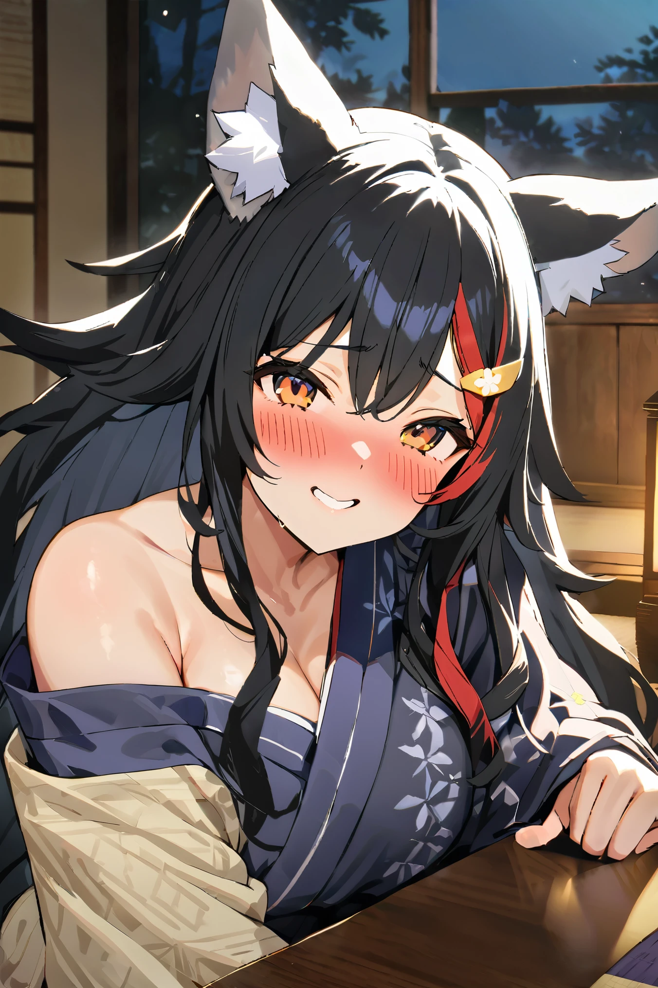 NSFW,masterpiece,Best Quality, high resolution on down, very detailed,Ogami Mio \( hololive \), very long hair,Black Hair,Wolf Ears,Hair accessories、kimono,yukata, off the shoulder,Inn at night,Japanese-style room, moonlight,table,Embarrassed,A face in love,Wisdom face,blush,smile, has sex appeal