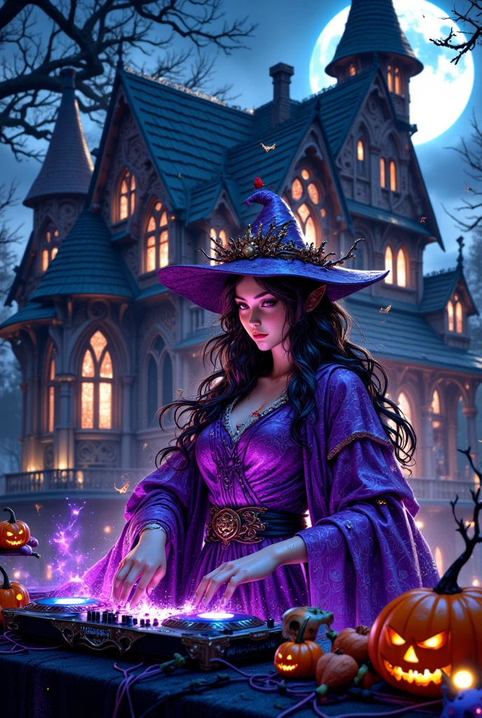 A witches girl play a dj in font of holloween house at night decorations,transparent purple overlay,photorealistic,8k,highly detailed,masterpiece,(best quality,4k,8k,highres,masterpiece:1.2),ultra-detailed,(realistic,photorealistic,photo-realistic:1.37),HDR,UHD,studio lighting,ultra-fine painting,sharp focus,physically-based rendering,extreme detail description,professional,vivid colors,bokeh,portraits,concept artists,dark fantasy,moody lighting