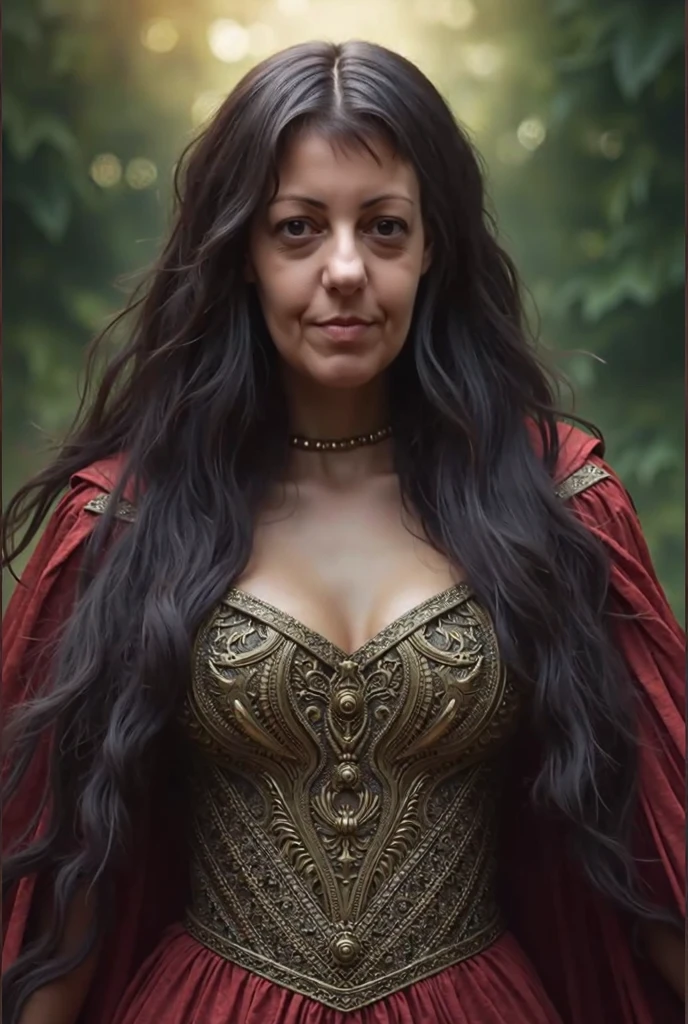 Masterpiece picture, masterpiece photography, hi-resolution picture, full body picture, mid-aged, slim body druid sorceress witch woman, huge breasts, wide cleavage breasts and skinny slim body, long Red-hair, big brown charm eyes. Laughing detailed face expression, stroking her long hair with her hands. Wearing extremely detailed sorceress apparel, precious stones jewelry, ornaments and detailed decorations. standing inside a dark cave, detailed surroundings, ((shallow depth of field)), cinematic, HDR enhancement, pure realism