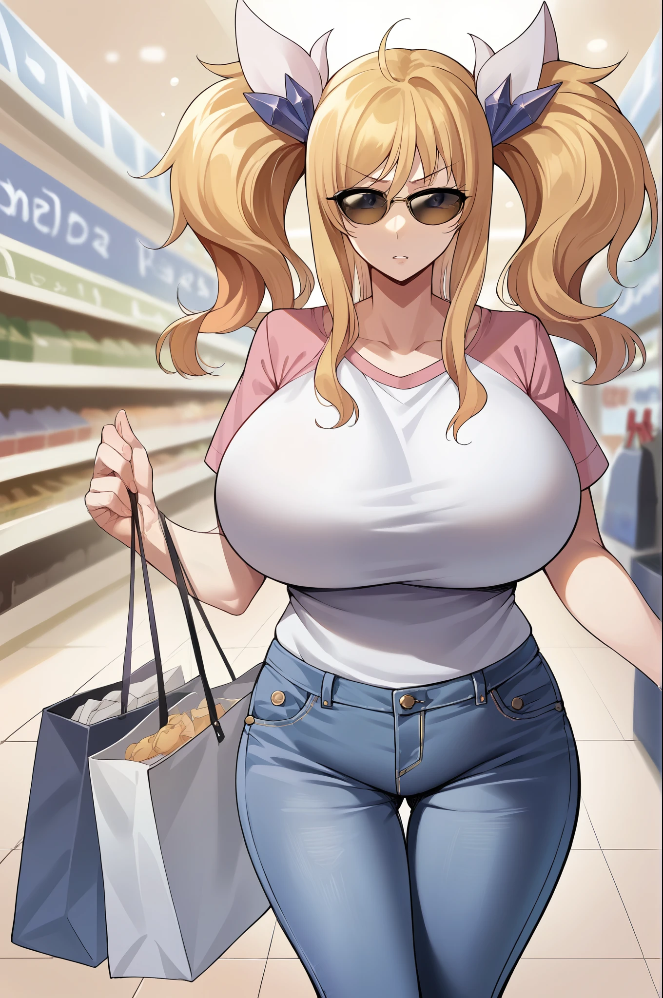 score_9, score_8_up, score_7_up, score_6_up, source_anime, BREAK 1girl, onizaki kirara, blonde hair, twintails, hair ornament, pink t-shirt, large breasts, sunglasses, distressed jeans, shopping mall, looking at you,