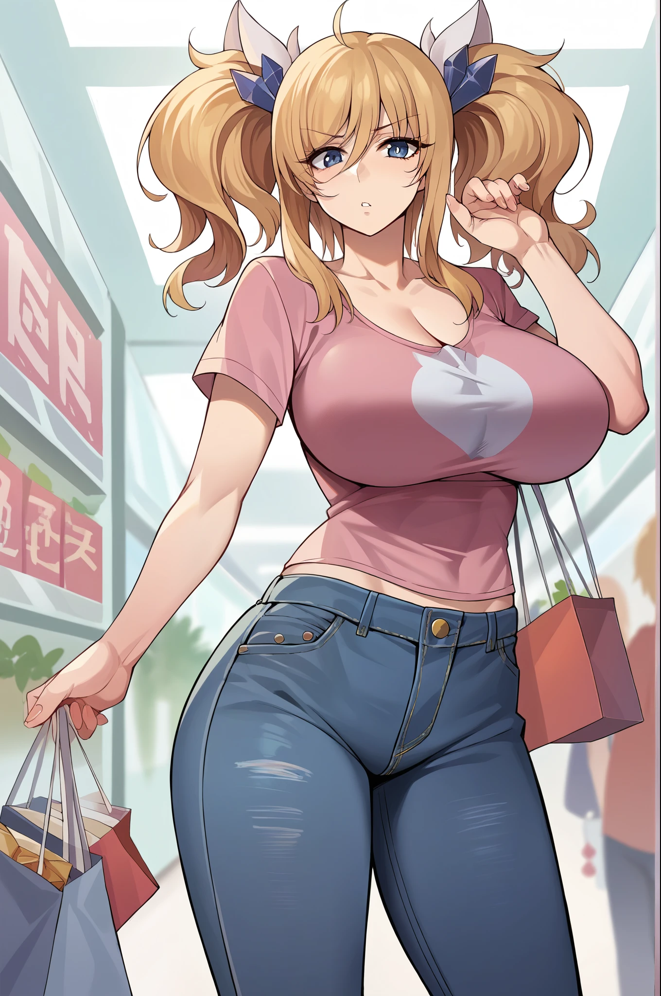 score_9, score_8_up, score_7_up, score_6_up, source_anime, BREAK 1girl, onizaki kirara, blonde hair, twintails, hair ornament, pink t-shirt, large breasts, sunglasses, distressed jeans, shopping mall, looking at you,